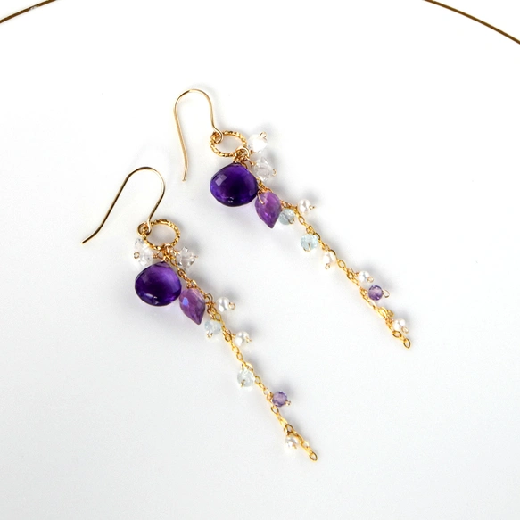 紫の花雫 ― アメジストxハーキマーダイヤモンド ロングピアス14kgf