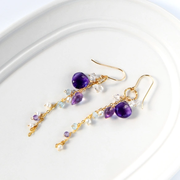 紫の花雫 ― アメジストxハーキマーダイヤモンド ロングピアス14kgf