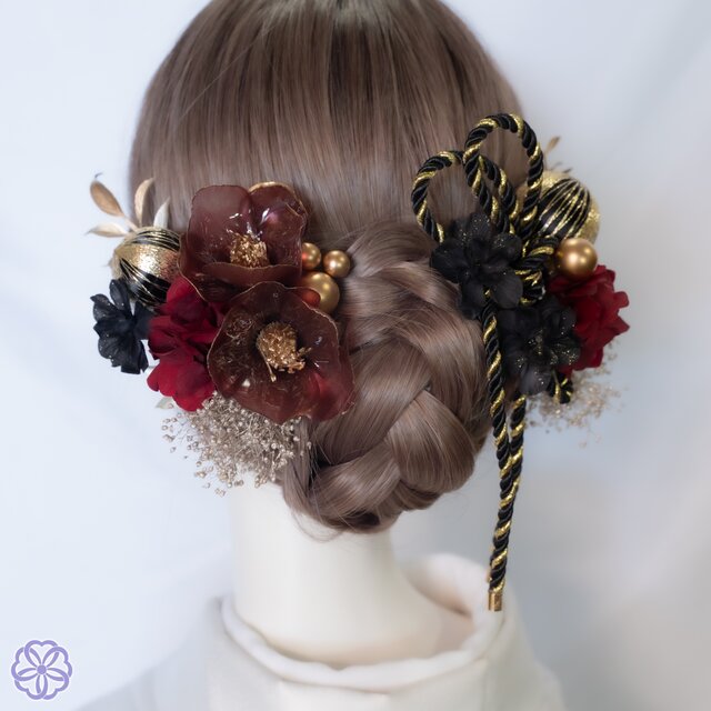 成人式 髪飾り 深紅の椿×黒金紐アレンジ｜卒業式 袴 和装ヘア No.BR90