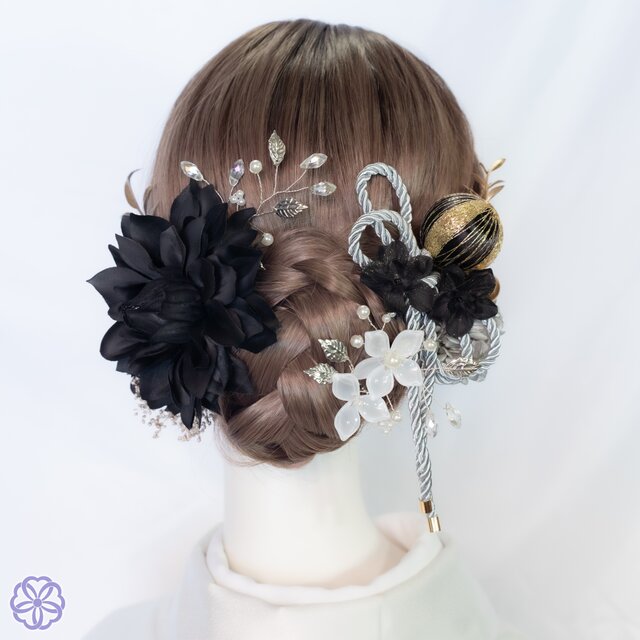 和装髪飾り　マスタード✕ブラック　成人式卒業式袴着物振袖結婚式ヘアアクセサリー ユリ和玉髪飾り ブラック 振袖 成人式 袴 卒業式 結婚式 ウェディング