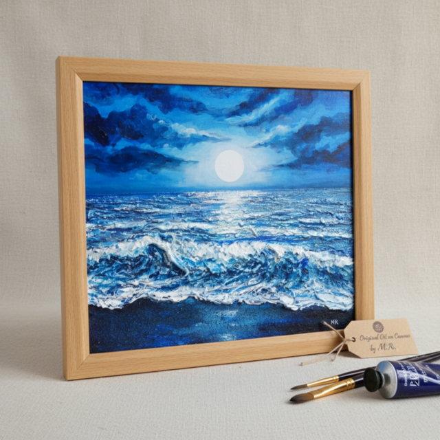 油彩画『月明かりの海』夜の静寂と波のきらめき｜原画・一点物 | iichi