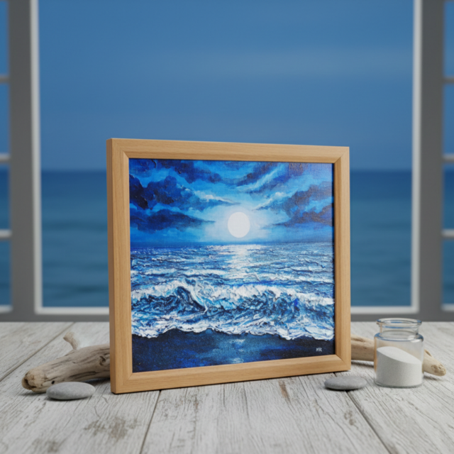 油彩画『月明かりの海』夜の静寂と波のきらめき｜原画・一点物 | iichi