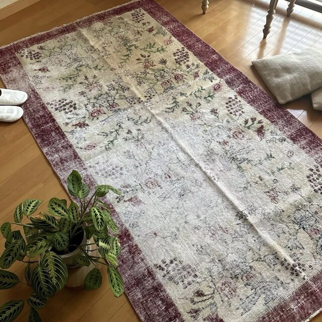 111×207 擦れシャビー 幸せな青い鳥 トルコヴィンテージラグ | iichi