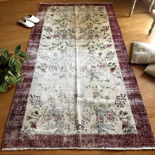 111×207 擦れシャビー 幸せな青い鳥 トルコヴィンテージラグ | iichi