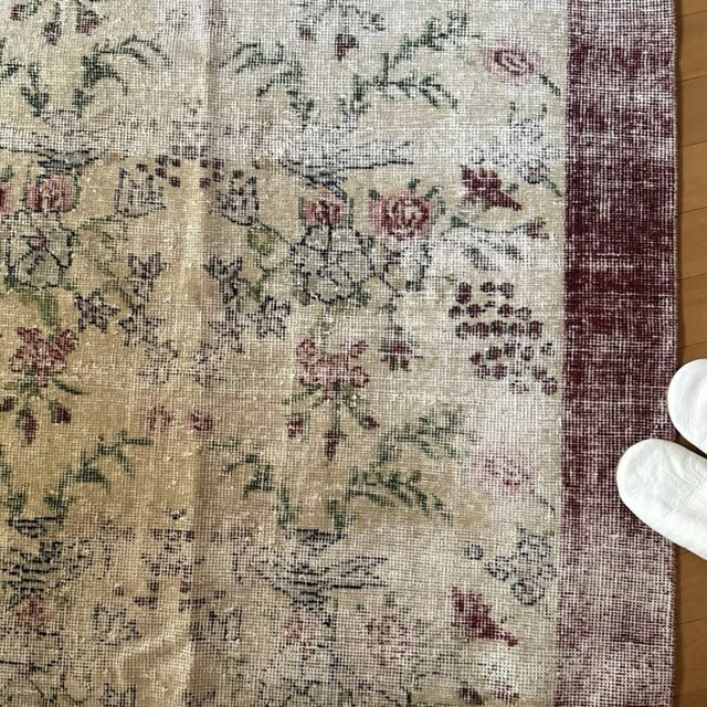 111×207 擦れシャビー 幸せな青い鳥 トルコヴィンテージラグ | iichi