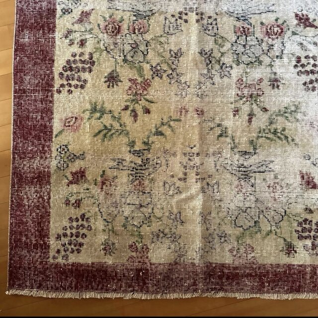 113.5×174 格子模様 擦れシャビー トルコヴィンテージラグ 113.5×174