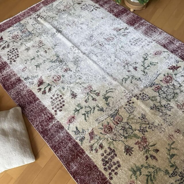 111×207 擦れシャビー 幸せな青い鳥 トルコヴィンテージラグ | iichi