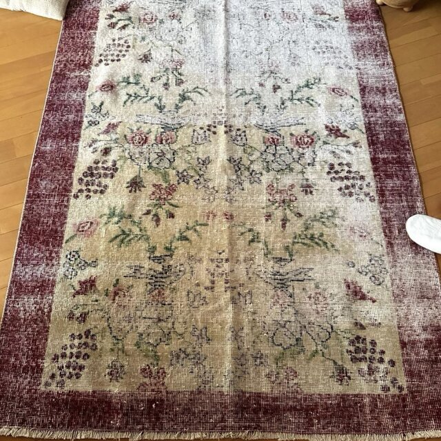 111×207 擦れシャビー 幸せな青い鳥 トルコヴィンテージラグ | iichi