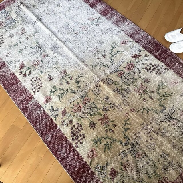 111×207 擦れシャビー 幸せな青い鳥 トルコヴィンテージラグ | iichi