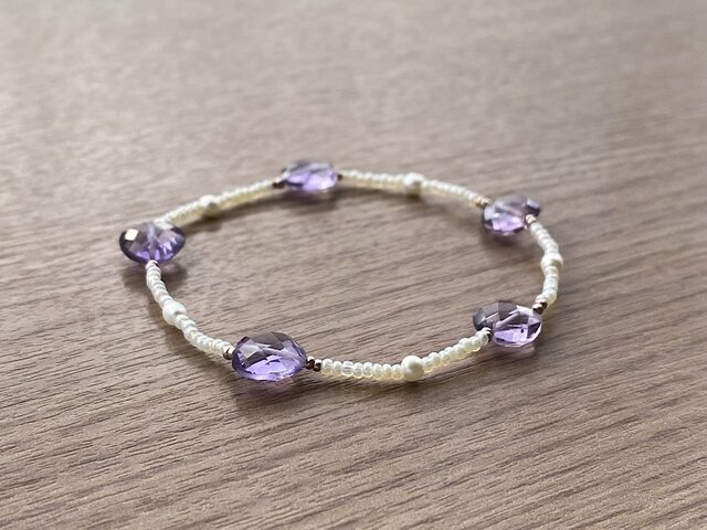 ハートアメジスト & ヴィンテージホワイト ブレスレット | iichi 日々