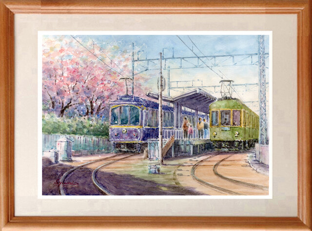 水彩画原画 さくら・江ノ電鵠沼駅 3 ＃715 | iichi 日々の暮らしを