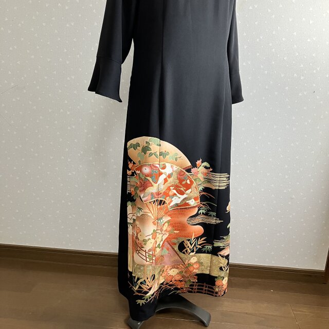 No.169ロングワンピースM〜L11号留袖ドレス着物リメイク袖口フリル