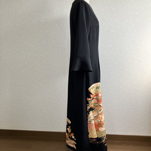 No.169ロングワンピースM〜L11号留袖ドレス着物リメイク袖口フリル