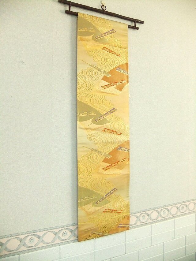 高級金色吉祥文様テーブルランナー/タペストリー他オーダー承ります 16)2423】170cm/流水扇子文様/タペストリー・テーブルランナー/和風/帯