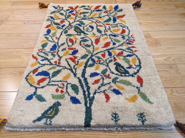 ペルシャ ギャッベ 玄関マット ラグ 87x62cm アイボリー 生命の木 鳥