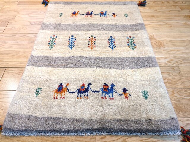 ペルシャ ギャッベ 玄関マット ラグ 94x67cm ベージュ グレー ラクダ