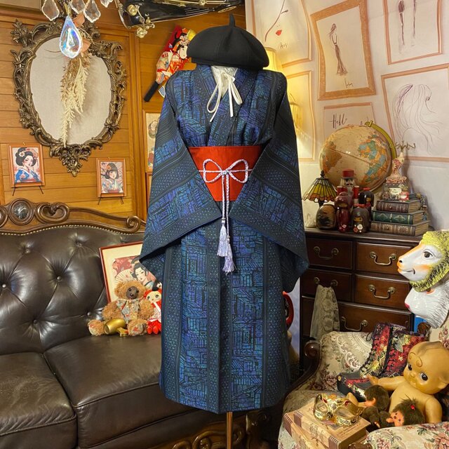 着物リメイク ワンピース／ドレス／洗える化繊 帯サッシュベルト 宵闇