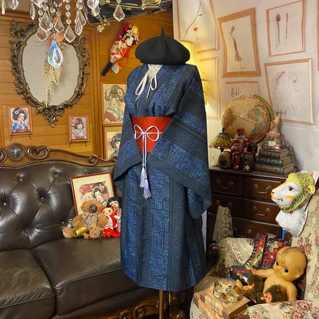 着物リメイク ワンピース／ドレス／洗える化繊 帯サッシュベルト 宵闇