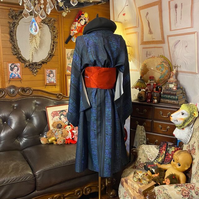 着物リメイク ワンピース／ドレス／洗える化繊 帯サッシュベルト 宵闇