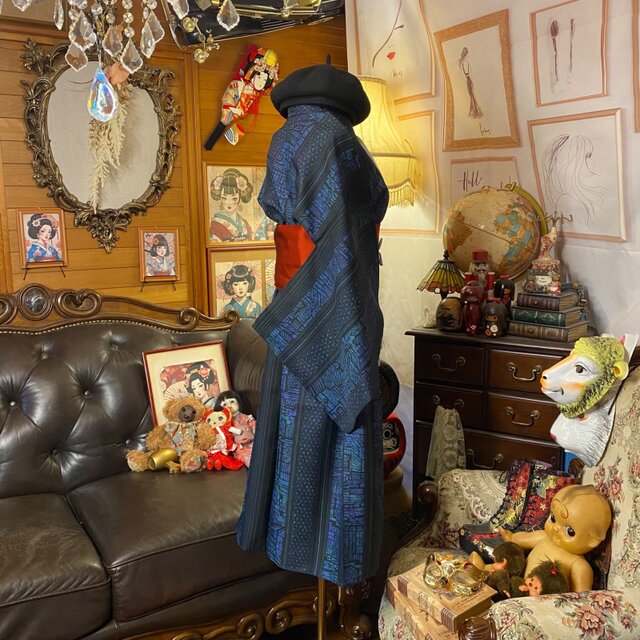 着物リメイク ワンピース／ドレス／洗える化繊 帯サッシュベルト 宵闇