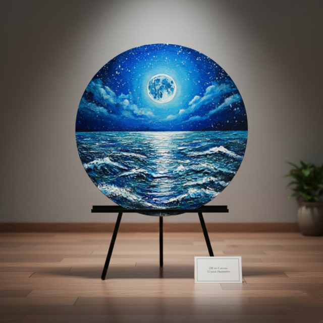 油絵】心を落ち着かせる海景画 丸形「青い満月と輝く海」油彩画