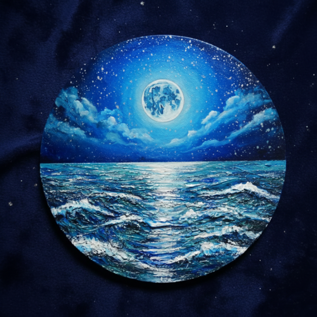 油絵】心を落ち着かせる海景画 丸形「青い満月と輝く海」油彩画