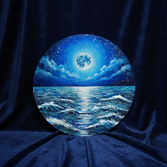 油絵 油彩 油彩画 絵 絵画 【青い満月と輝く海】 油絵 油彩 油彩画 絵
