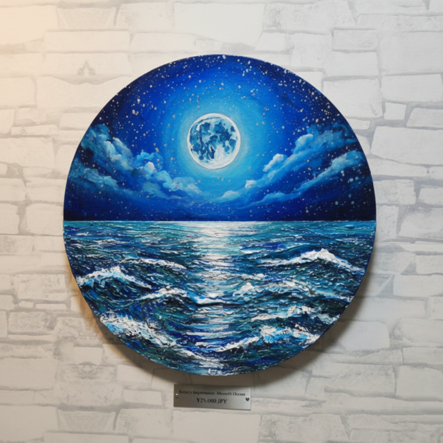 油絵】心を落ち着かせる海景画 丸形「青い満月と輝く海」油彩画