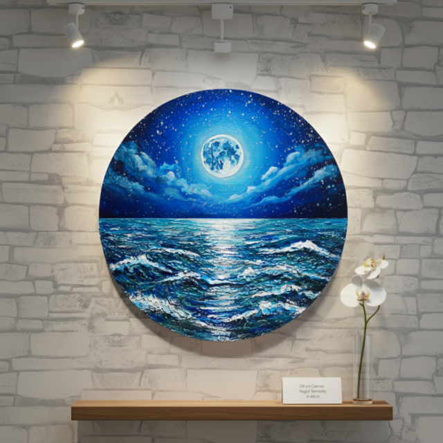 油絵】心を落ち着かせる海景画 丸形「青い満月と輝く海」油彩画
