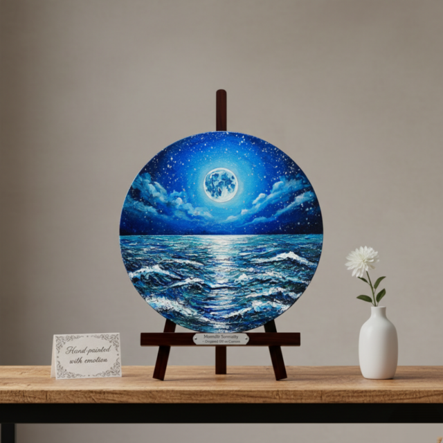 油絵】心を落ち着かせる海景画 丸形「青い満月と輝く海」油彩画