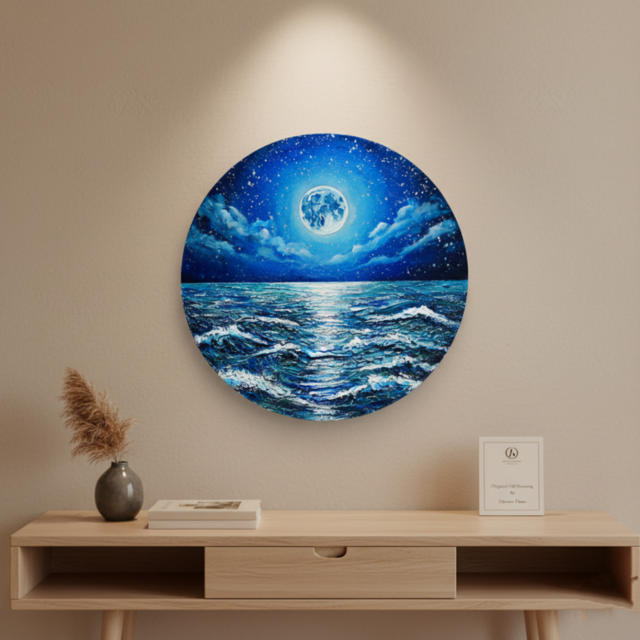 油絵】心を落ち着かせる海景画 丸形「青い満月と輝く海」油彩画