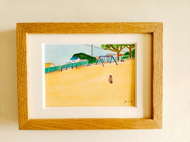 猫の絵】原画「猫がいる場所」 ※2L木製額縁入り・水彩・インテリア