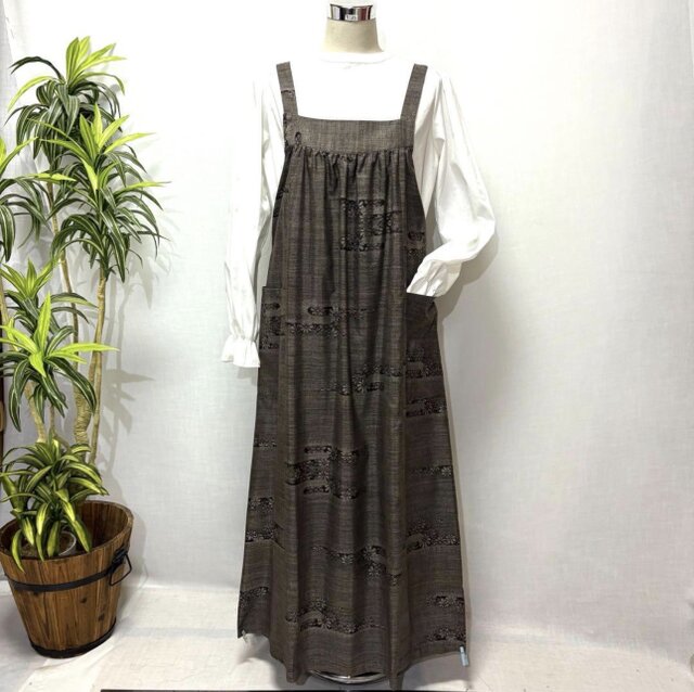 着物リメイク 大島紬花柄ジャンパースカート ロングワンピース ミモレ