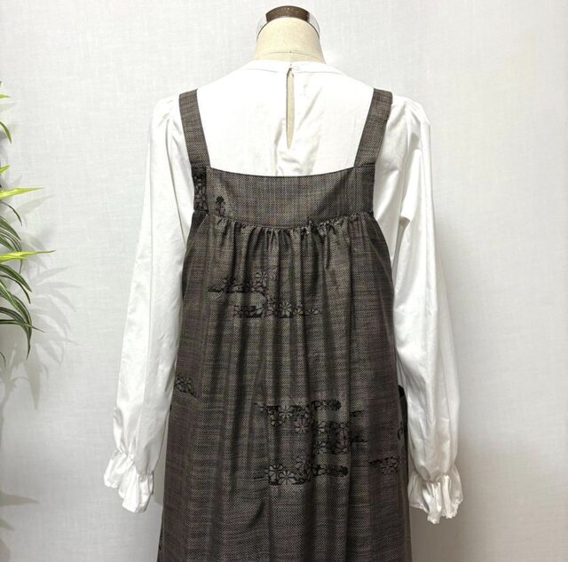 着物リメイク 大島紬花柄ジャンパースカート ロングワンピース ミモレ