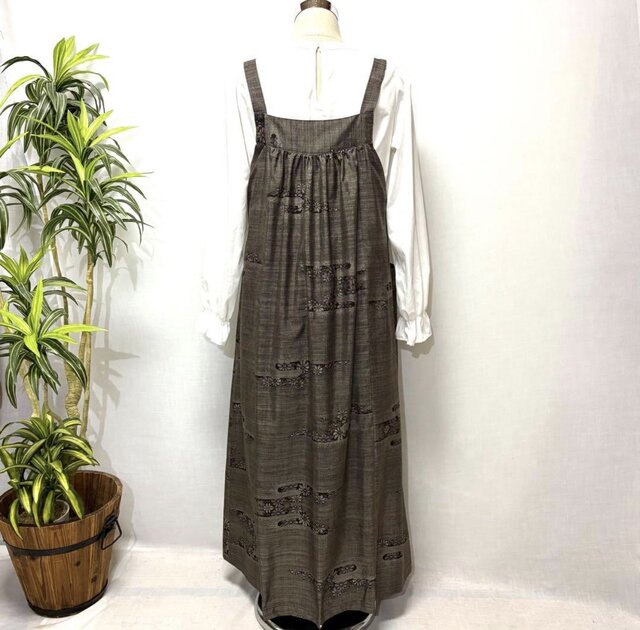 着物リメイク 大島紬花柄ジャンパースカート ロングワンピース ミモレ