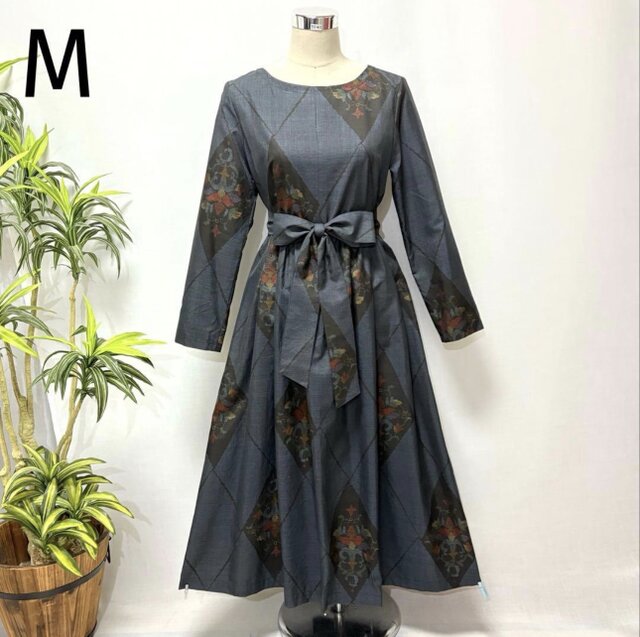 着物リメイク 大島紬花柄ワンピース ロング 2WAY ゆったり ふんわり