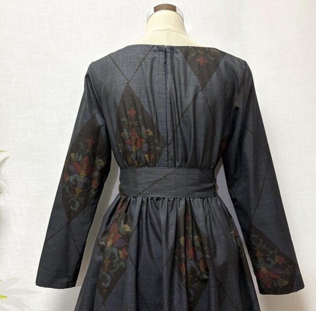 着物リメイク 大島紬花柄ワンピース ロング 2WAY ゆったり ふんわり
