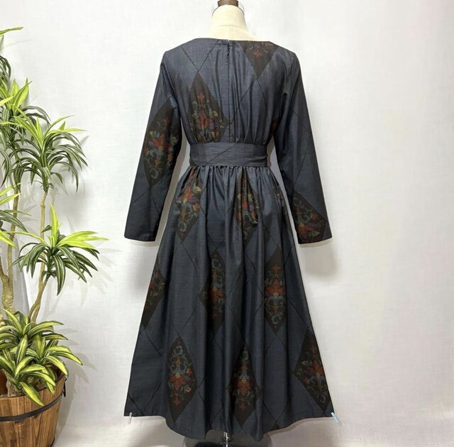 着物リメイク 大島紬花柄ワンピース ロング 2WAY ゆったり ふんわり