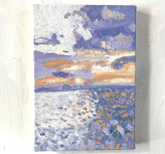 原画 油彩画「バイオレット色の海」絵画・アート・キャンバス