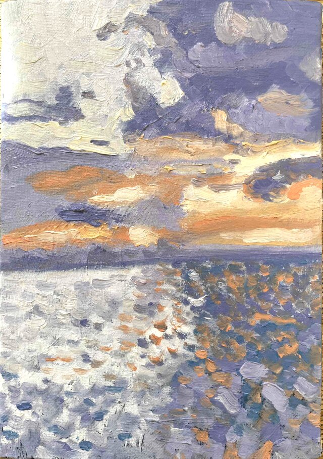 原画　油彩画「バイオレット色の海」絵画・アート・サムホールサイズ（16×23㎝） 原画 油彩画「バイオレット色の海」絵画・アート・キャンバス