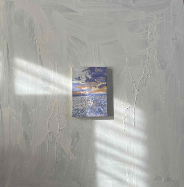 原画　油彩画「バイオレット色の海」絵画・アート・サムホールサイズ（16×23㎝） 原画 油彩画「バイオレット色の海」絵画・アート・キャンバス