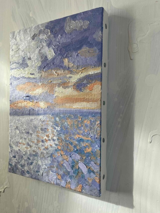 原画　油彩画「バイオレット色の海」絵画・アート・サムホールサイズ（16×23㎝） 原画 油彩画「バイオレット色の海」絵画・アート・キャンバス