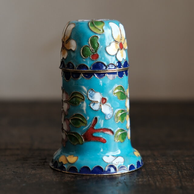 水色に草花◇中国七宝焼 小物入れ 楊枝入れ チャイナレトロ シノワズリ