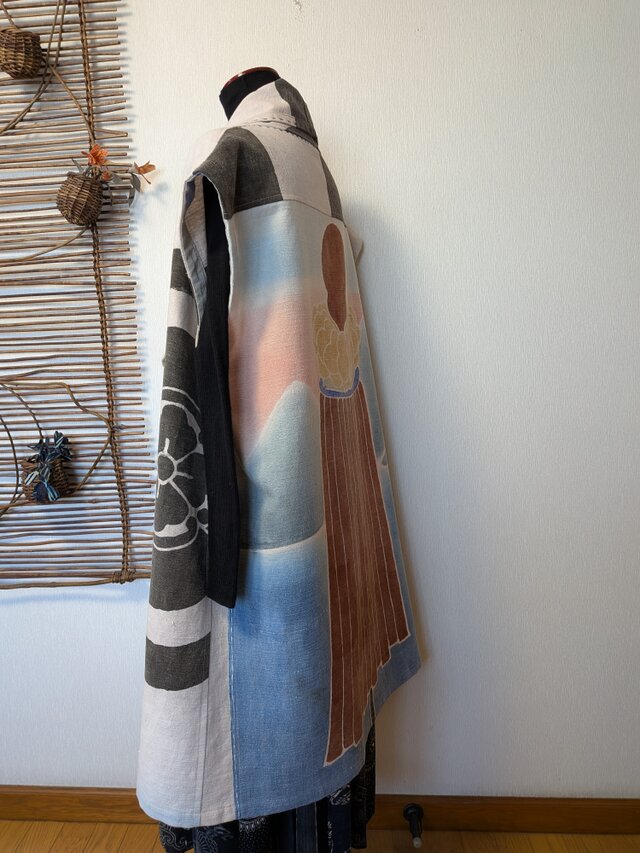 古布リメイク のぼり旗のへちまカラーロングベスト 男女兼用 刺し子