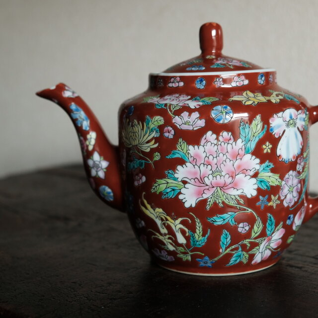 ブラウンにカラフルな草花◇中国景徳鎮 色絵急須 茶器 チャイナレトロ