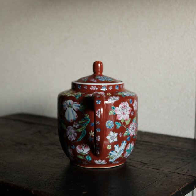 ブラウンにカラフルな草花◇中国景徳鎮 色絵急須 茶器 チャイナレトロ