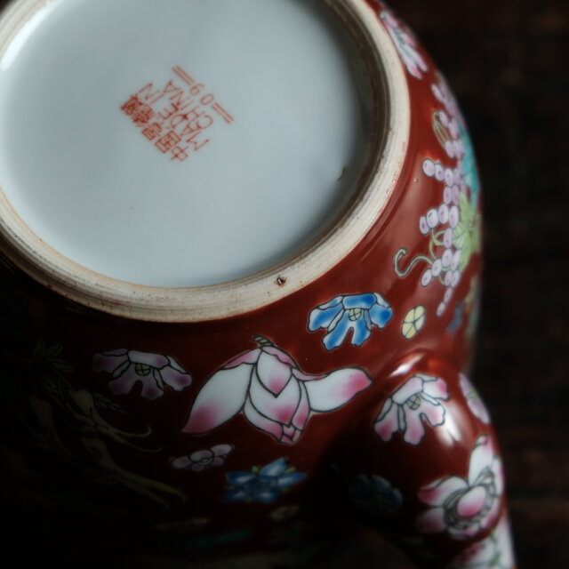 ブラウンにカラフルな草花◇中国景徳鎮 色絵急須 茶器 チャイナレトロ