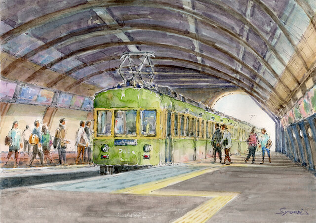 水彩画原画 江ノ電藤沢駅ホーム 3 ＃718 | iichi 日々の暮らしを