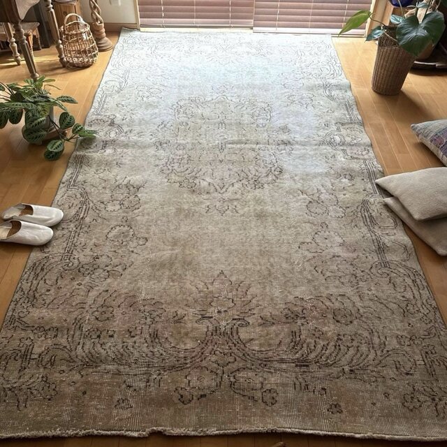 超大判150×277ナチュラルベージュ メダリオン トルコヴィンテージラグ