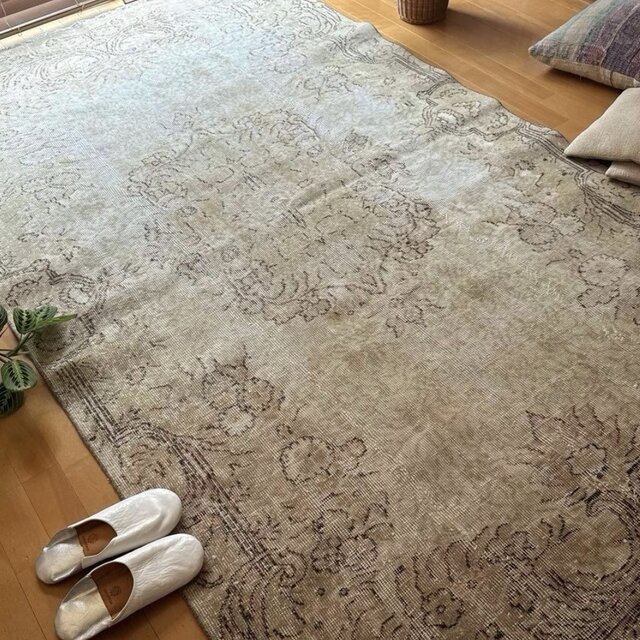 超大判150×277ナチュラルベージュ メダリオン トルコヴィンテージラグ